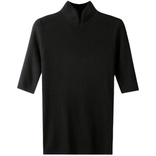 黑色旗袍领针织上衣修身女中袖薄款半高领打底衫半袖复古中式毛衣