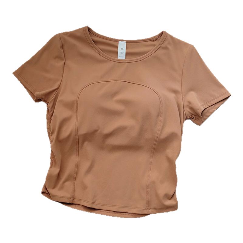 带胸垫一体短袖运动上衣速干圆领健身服排汗罩衫瑜伽T恤女莱卡