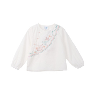 厵yuan女童长袖新中式打底衫修身款春秋新款绣花娃娃翻领上衣潮