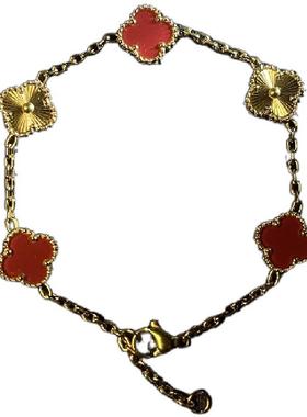 幸运四叶草五花手链女18k玫瑰金色轻奢叠戴玛瑙镭射满钻贝母首饰