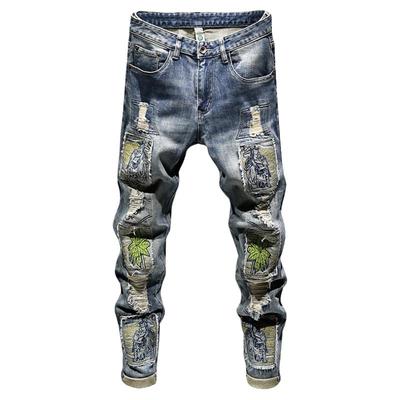 重工刺绣美式牛仔裤男痞帅破洞