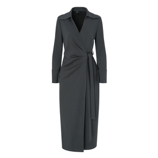 IDPAN长袖连衣裙秋季新款v字大翻领设计围裹式毛呢羊毛裙子女