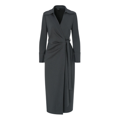 IDPAN长袖连衣裙秋季新款v字大翻领设计围裹式毛呢羊毛裙子女