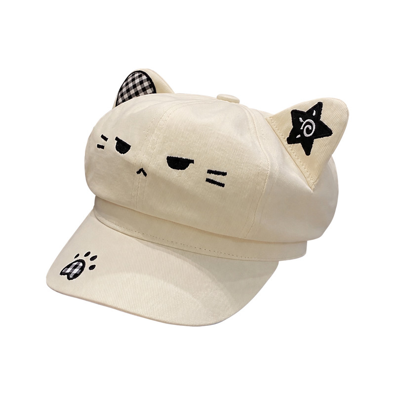 秋款猫耳刺绣八角帽女显脸小