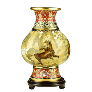 正宗北京景泰蓝11寸汉彩马花瓶张向东带证书铜胎掐丝珐琅摆件礼品