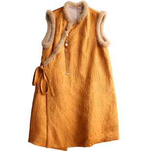 云澍原创 丝毛水貂毛新中式国风汉服元素改良细带马甲连衣裙冬季