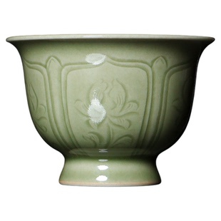 越窑秘色釉全手工刻花品茗杯陶瓷工夫茶道个人喝茶专用主人杯单杯