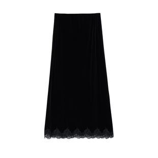 pusumede 简雅知性 黑色丝绒蕾丝花边半身裙女气质宽松保暖直筒裙