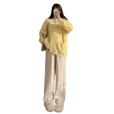 米白色长裤糯米裤阔腿裤休闲冬季