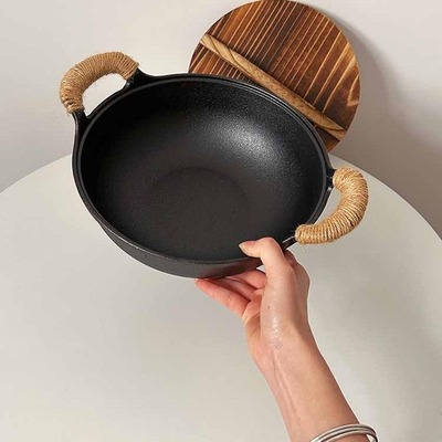 无涂层铸铁招财小锅家用炖锅带盖铁锅生铁锅煎锅炒锅炒菜锅