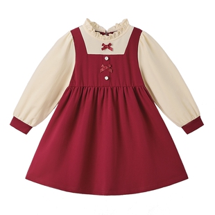 公主裙女童连衣裙冬儿童法式花边领冬装裙假两件红色保暖宝宝裙子