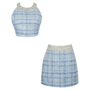 小香风套装2024新款女装夏季气质名媛甜美粗花呢无袖挂脖两件套裙