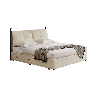 大司马 中古奶油风真皮带抽屉储物床1米5主卧床奶油风可拆双季床