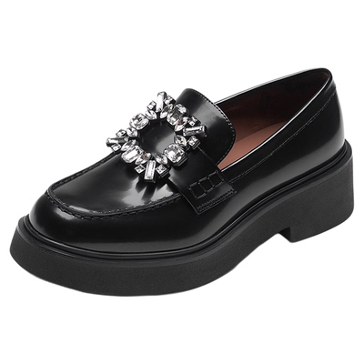 莱尔斯丹真皮黑色粗跟乐福鞋女