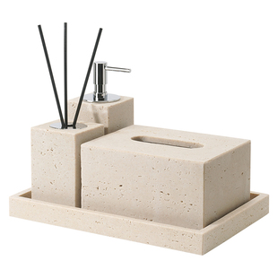 DecoTalk侘寂风砂岩黄洞石卫浴洗漱套装洗手液瓶纸巾盒托盘组合