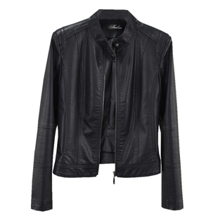 皮衣女2026春装新款立领收腰短款黑色简约风百搭水洗PU皮夹克外套