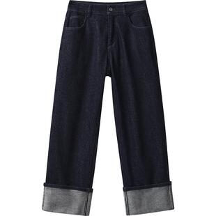 播商场同款深蓝窄款直筒牛仔裤女秋复古显瘦可露丽裤子BDR3KD3315