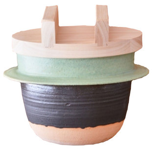 日本原装作家手工制羽釜米饭砂锅独步炎煮粥锅炖肉煲汤绿色带木盖