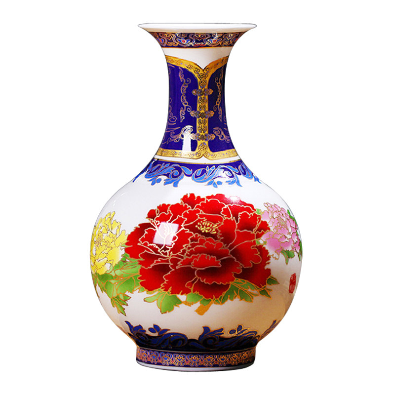 景德镇陶瓷器 高档骨瓷青花花瓶 国色天香牡丹花赏瓶现代家饰摆件