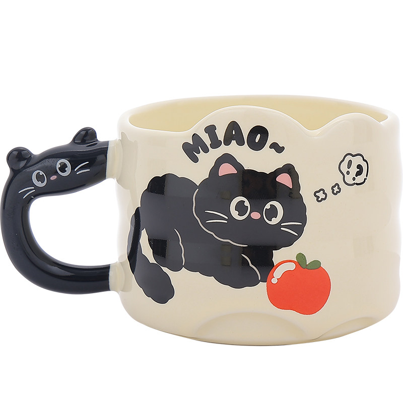 可爱小黑猫陶瓷杯子家用喝水杯女士高颜值情侣杯马克杯咖啡牛奶杯