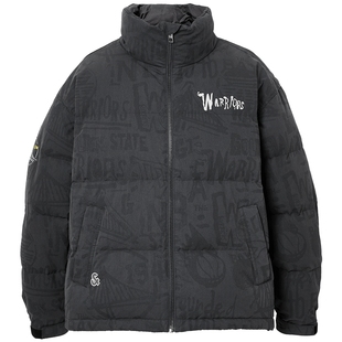 杰克琼斯NBA联名勇士队2025年新款男装冬季羽绒服满印立领外套