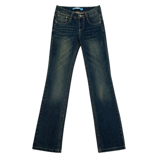 25秋美式复古水洗做旧辣妹街头超低腰深蓝色显瘦直筒牛仔裤子女