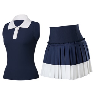 科里芙网球运动套装女夏季无袖polo领上衣跑步训练百褶短裙高级感