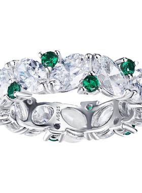 绿尖晶间色排钻戒指女925纯银