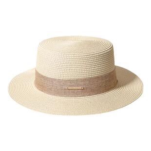 新款草帽女春夏法式平顶礼帽英伦防晒遮阳出游海边显脸小平沿帽子