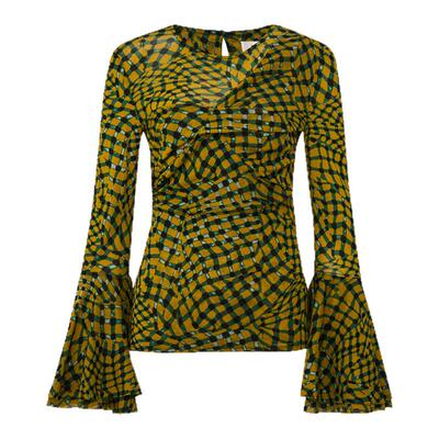 [海岛度假]DVF2026早春新款绿色浮动格纹喇叭袖上衣BL4T005