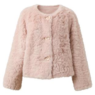 三彩2026春季新款环保皮草毛毛外套宽松优雅气质短款圆领长袖M