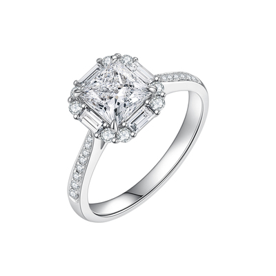 18K金培育钻石公主方直率围镶求婚戒指女一克拉钻戒真钻