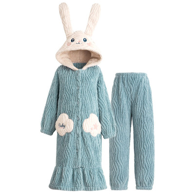 睡衣女秋冬季珊瑚绒可爱卡通可外穿法兰绒加厚睡袍睡裤长款两件套