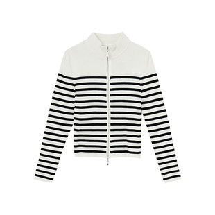 黑白条纹半高领针织开衫女MOFAN摩凡2025冬款双向拉链羊毛衫显瘦