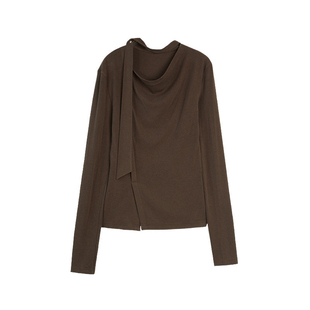 【自营】ELLE咖啡色复古磨毛长袖T恤女2025冬新款飘带领打底上衣
