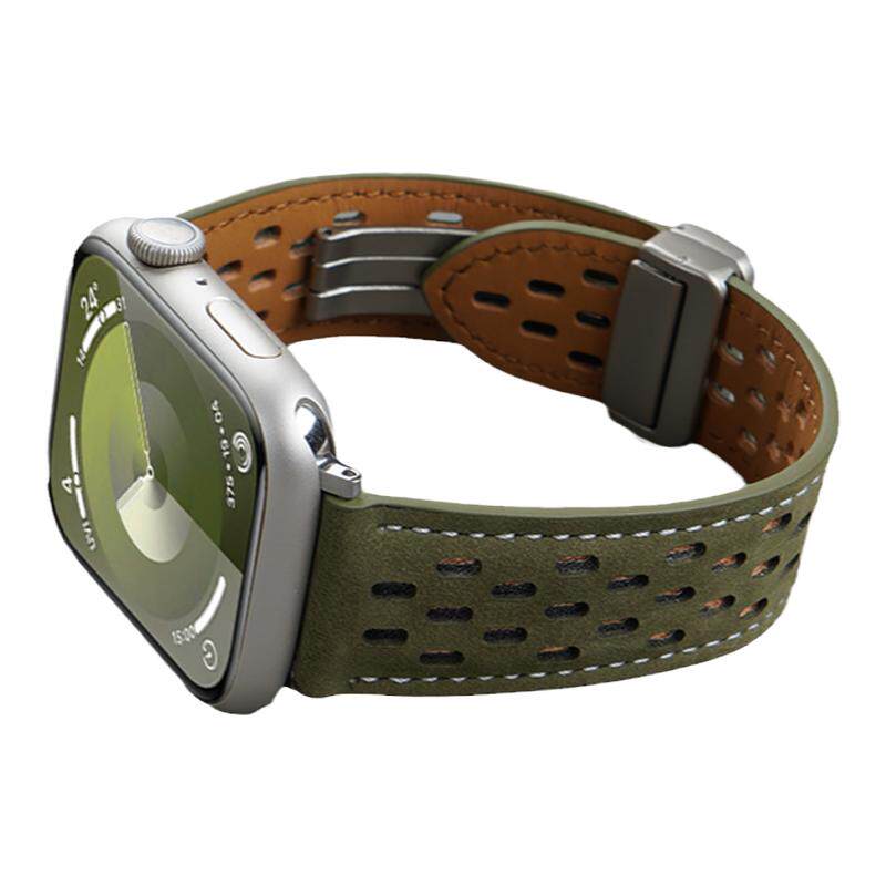适用苹果手表applewatch ultra2磁吸扣透气真皮表带iwatch S9运动S8智能7小众se创意6夏天5男生4腕带