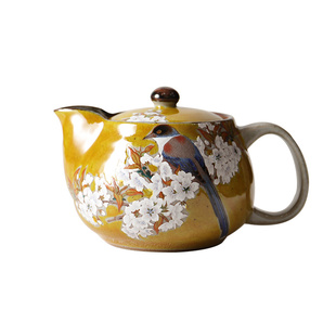 现货日本进口九谷烧手绘陶瓷黄釉樱花雀鸟茶杯茶壶咖啡杯对杯礼盒