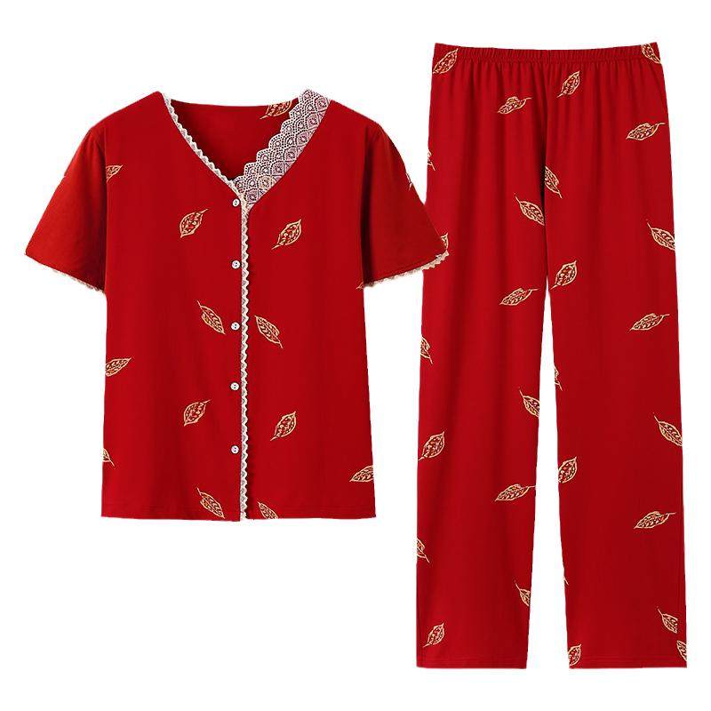 红色睡衣女士夏莫代尔短袖长裤本命年马年半袖家居服开衫新款套装