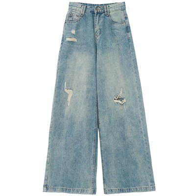 轻复古蓝宽松休闲破洞牛仔裤