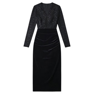 法式蕾丝拼接丝绒连衣裙女秋冬轻奢高档大气黑色年会礼服包臀裙子