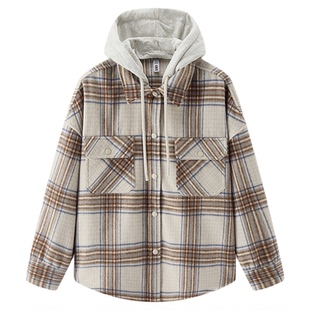 商场同款|森马长袖衬衫女冬中长款外套上衣格纹仿呢2025新款上衣