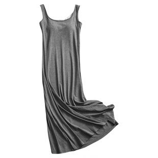 纯色显瘦修身带胸垫领口蕾丝边内搭打底背心裙长裙单穿连衣裙L167