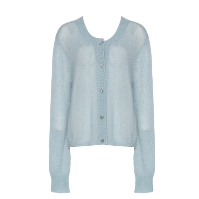 DPLAY2026年春季气质通勤蓝色宽松开衫马海毛羊毛针织毛衣女上衣