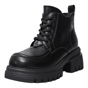 高蒂复古粗跟马丁靴女英伦风侧拉链机车靴2025秋冬棕色短靴子