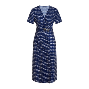 马天奴女装春秋新款藏青色V领印花连衣裙典雅短袖修身收腰长裙