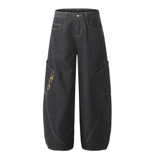 300斤大码女装复古弯刀工装牛仔裤女胖mm美式街头阔腿直筒裤子潮