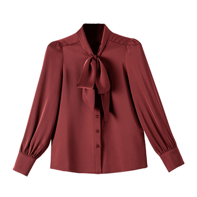 晚白长袖衬衫女蝴蝶结飘带衬衣