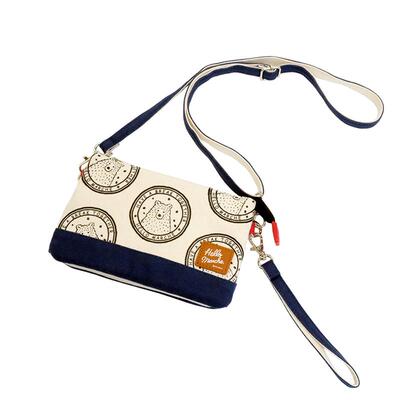 hello marche万岁熊日式复合轻潮满花小斜挎包帆布包手机包-配蓝