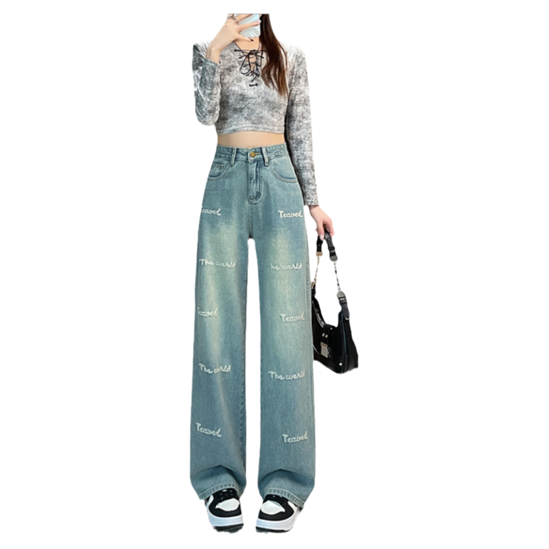 浅色阔腿牛仔裤女夏季2025新款字母图案设计感高腰显瘦垂感直筒裤