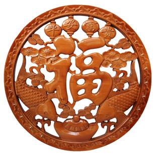 桃木富贵鱼挂件木雕中国结福字挂件客厅玄关大中小号彩绘挂饰